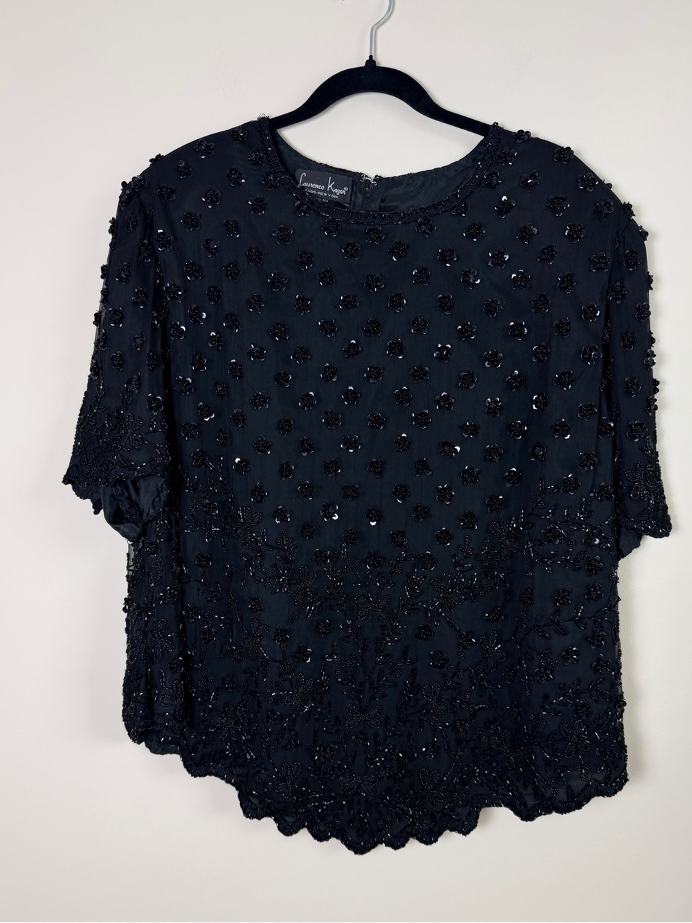 Laurence Kazar Vintage Black Beaded Short Sleeve Top